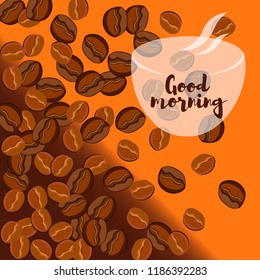 Take and go coffee design poster with coffee bean. Stylized drawing, flat style