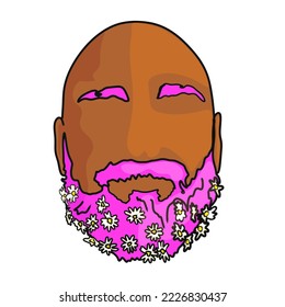 Take good care of your beard! Close-up of a shirtless young man with flowers in his beard on a white background. A man with flowers in his beard. Hello spring. Vector illustration, logo, icon