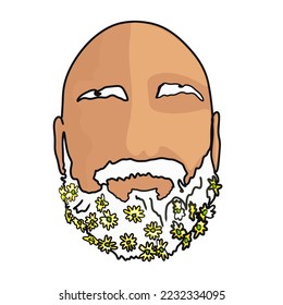 Take good care of your beard! Close-up of a shirtless young man with flowers in his beard on a white background. A man with flowers in his beard. Hello spring. Vector illustration, logo, icon