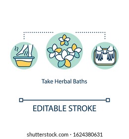 Take herbal baths concept icon. Spa treatment at home. Beauty procedure to relax. Skincare. Aromatherapy idea thin line illustration. Vector isolated outline RGB color drawing. Editable stroke