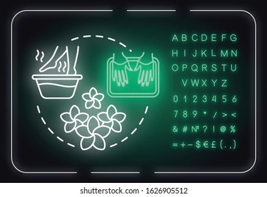 Take herbal baths, hands and feet skin care neon light concept icon. Spa, manicure and pedicure idea. Outer glowing sign with alphabet, numbers and symbols. Vector isolated RGB color illustration