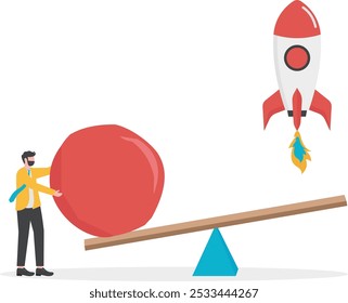 take high risks to get business success, investor risk appetite in securities and investment asset to get high reward, businessman drop weights onto a seesaw to launch a startup business rocket

