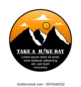 take a hike day theme: mountains and sunset illustration good for logos, t-shirts etc.