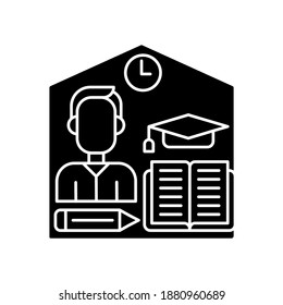Take home exam black glyph icon. Placement writing test. Essay and open book examination. Synthesise information. Time task. Silhouette symbol on white space. Vector isolated illustration