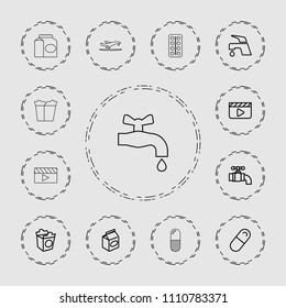 Take icon. collection of 13 take outline icons such as tap, clapper board, pill, plane taking off. editable take icons for web and mobile.