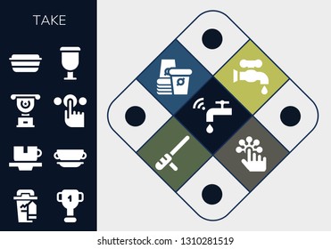 take icon set. 13 filled take icons.  Collection Of - Faucet, Coffee cup, Cup, Tap, Lunch box, Paper cup, Baton