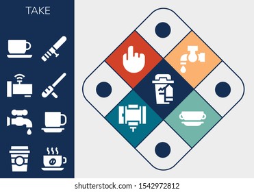 take icon set. 13 filled take icons.  Simple modern icons about  - Coffee cup, Cup, Faucet, Baton, Tap, Selfie stick