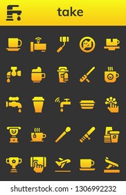 take icon set. 26 filled take icons.  Collection Of - Cup, Faucet, Selfie stick, No photo, Tap, Coffee cup, Baton, Lunch box, Stick, Paper cup, Take off, Arrival