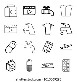 Take icons. set of 16 editable outline take icons such as plane taking off, tap, clapper board, take away food, medical pills