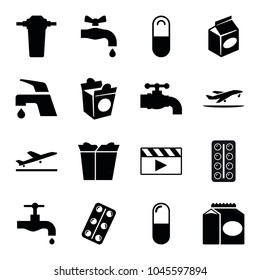 Take icons. set of 16 editable filled take icons such as plane taking off, tap, take away food, medical pills, pill