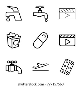 Take icons. set of 9 editable outline take icons such as plane taking off, tap, clapper board, take away food, medical pills
