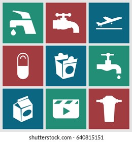 Take icons set. set of 9 take filled icons such as plane taking off, tap, take away food, pill