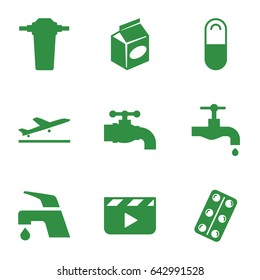 Take icons set. set of 9 take filled icons such as plane taking off, tap, take away food, medical pills, pill