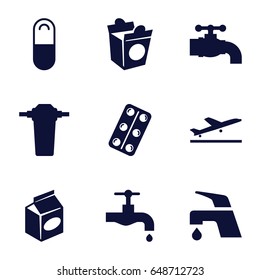 Take icons set. set of 9 take filled icons such as plane taking off, tap, take away food, medical pills