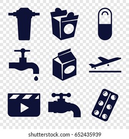 Take icons set. set of 9 take filled icons such as plane taking off, tap, take away food, medical pills, pill