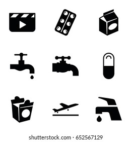 Take icons set. set of 9 take filled icons such as plane taking off, tap, take away food, medical pills, pill