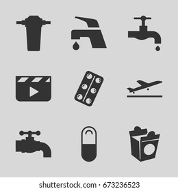 Take icons set. set of 9 take filled icons such as plane taking off, tap, take away food, medical pills, pill