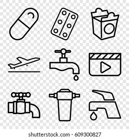 Take icons set. set of 9 take outline icons such as plane taking off, tap, take away food, medical pills, pill