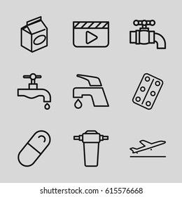 Take icons set. set of 9 take outline icons such as plane taking off, tap, take away food, medical pills, pill