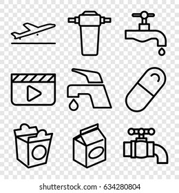 Take icons set. set of 9 take outline icons such as plane taking off, tap, take away food, pill