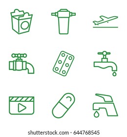 Take icons set. set of 9 take outline icons such as plane taking off, tap, take away food, medical pills, pill