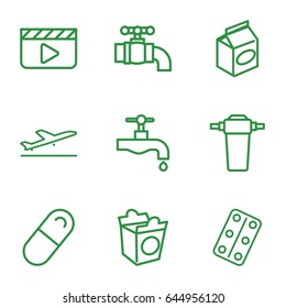 Take icons set. set of 9 take outline icons such as plane taking off, tap, take away food, medical pills, pill