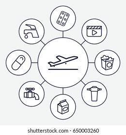 Take icons set. set of 9 take outline icons such as plane taking off, tap, take away food, medical pills, pill