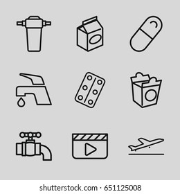 Take icons set. set of 9 take outline icons such as plane taking off, tap, take away food, medical pills, pill