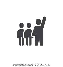 Take initiative solid vector icon. A glyph style icon of a person stepping forward and raising a hand. This solid icon is a sign and symbol of leadership and proactive behavior icon.
