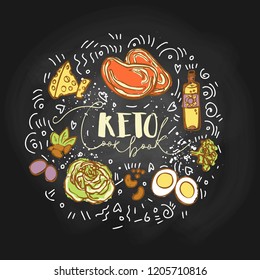 Take the Keto Challenge Food sketch illustration - multy-colored vector sketch healthy concept. Healthy keto challenge concept with texture and decorative elements in a circle form - all nutrients