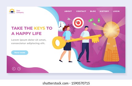 Take keys to happy life. Your knowledge can lead you to success. Man and woman hold golden key to unlock door of happiness. Designed web page with navigation menu. Vector illustration in flat style
