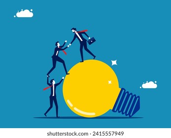 Take the lead to help employees achieve their goals. Businessman helps colleague climb onto light bulb 