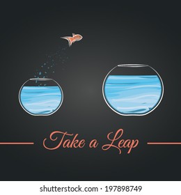 Take a leap. Beautifully designed vector of a fish jumping from a smaller to a bigger fishbowl. 