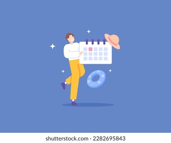 take leave. set a day for vacation. a worker or employee plans or organizes a schedule for a holiday. a man holding a calendar. illustration concept design. vector elements. blue background