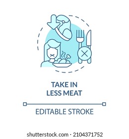 Take in less meat turquoise concept icon. Gas emissions. Climate change abstract idea thin line illustration. Isolated outline drawing. Editable stroke. Roboto-Medium, Myriad Pro-Bold fonts used
