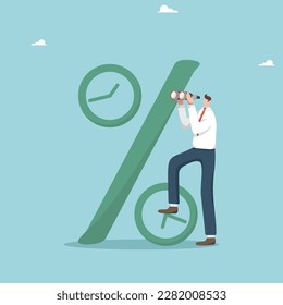 Take a loan to open a business, predict an interest rate on a loan or installment plan, invest your own funds on a deposit, investments or securities, man looks through binoculars near the percentage.