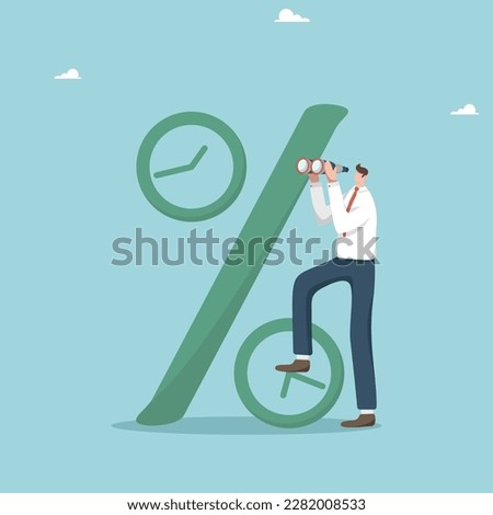 Take a loan to open a business, predict an interest rate on a loan or installment plan, invest your own funds on a deposit, investments or securities, man looks through binoculars near the percentage.