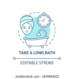 Take a long bath concept icon. Me time ideas. Relaxing body treatment day. Body cleaning advices. Self care idea thin line illustration. Vector isolated outline RGB color drawing. Editable stroke