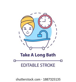 Toma un icono de concepto de baño largo. Yo las ideas del tiempo. Relajante día de spa. Consejos de limpieza corporal. Ilustración delgada de idea de autocuidado. Dibujo de color RGB con contorno aislado del vector. Trazo editable
