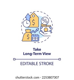 Take long term view concept icon. Financial planning. Rule of investing abstract idea thin line illustration. Isolated outline drawing. Editable stroke. Arial, Myriad Pro-Bold fonts used