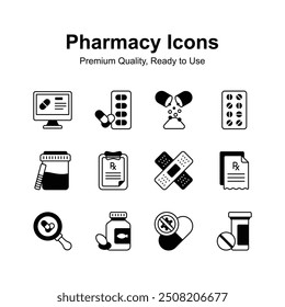 Echa un vistazo a los iconos creativamente diseñados conjunto de farmacia, listo para usar Vector