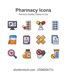 Werfen Sie einen Blick auf kreativ gestaltete Icons Set Apotheke, sofort einsatzbereit Vektor