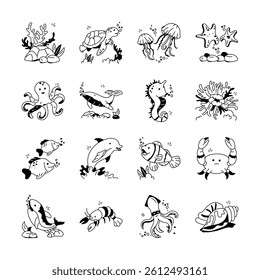 Take a look at this amazing underwater creatures hand drawn icons set
