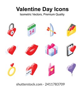 Eche un vistazo a este juego de iconos isométricos del día de las tarjetas de San Valentín cuidadosamente diseñado, listo para uso premium