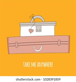 Take me anywhere text with hand drawn suitcase. Wanderlust. Vector Sketch style illustration.