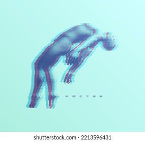 Take me higher. Flying man in zero gravity or a fall. Hovering in the air. Levitation act. Glitch style. 3D vector illustration.