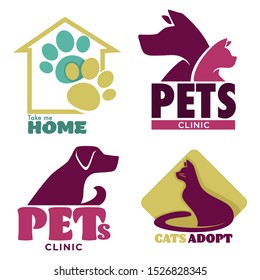 Take Me Home Animal Shelter, Pets Clinic, Cats Adopt, Treatment Or Care Graphic Logo With Rescue Dog, Cat, Pet Paws And House Icon, Banner, Ad, Graphic Flat Vector Illustrations On White Background