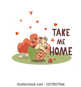 Take me home. The cute sad puppy sits into the wicker basket. Help homeless animal concept. Vector illustration.