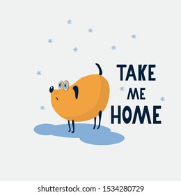 Take me home. Quote with a very sad little dog. Help homeless animal concept. Vector illustration.