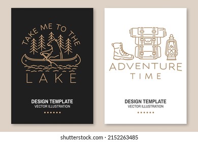 Take me to the lake. Camping quote. Vector. Concept for shirt or logo, print, stamp or tee. Vintage line art design with bear in canoe, lake and forest. Adventure time.